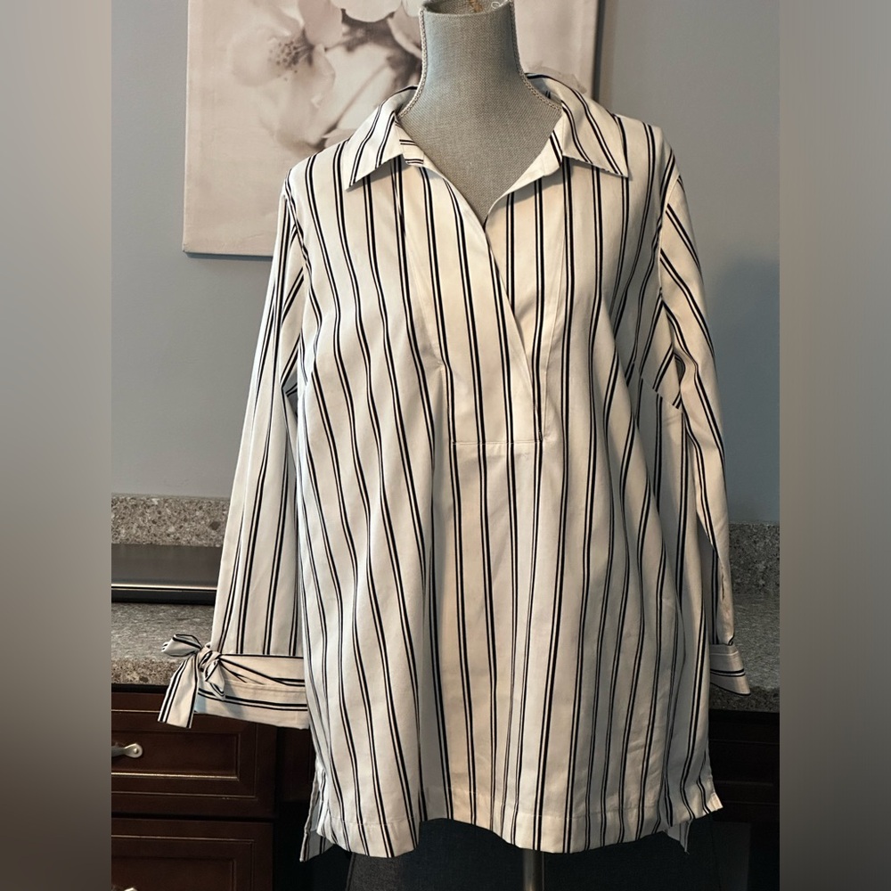Talbots Woman white shirt with black stripes tunic lovely tie bow cuffs size 1X